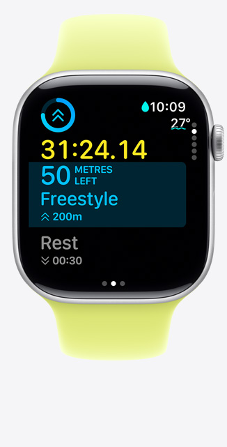 Apple Watch Series 11, aluminium case, silver colour, Custom Workout screen tracks Pool Swim, metrics on screen, Sport Band, neon yellow colour