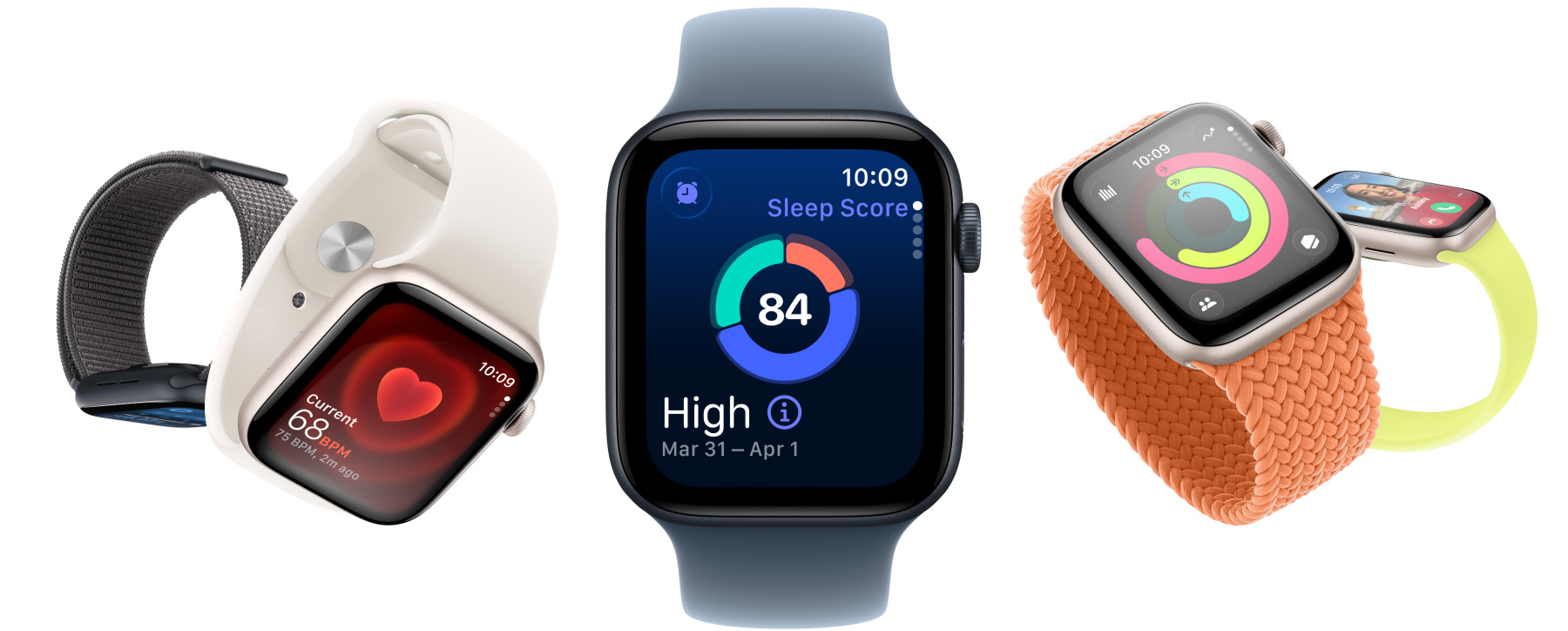 Apple Watch SE 3 с алуминиеви корпуси, налични в астро бяло и среднощно синьо, с приложения като Vitals, Сърдечна честота, резултат от съня, Кръгове за активност и входящо обаждане