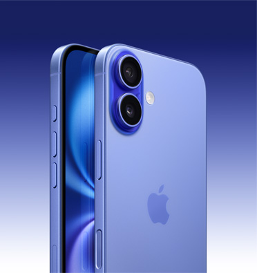iPhone 16 в ултрамарин, показва частично екрана и бутон Действие, бутон за сила на звука и страничен бутон. Заден екстериор с авангардната двойна про системата камери горе вляво.