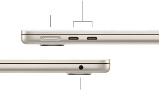 MacBook Air, затворен, лява страна, показващ MagSafe и два Thunderbolt порта, дясна страна, показващ жак за слушалки