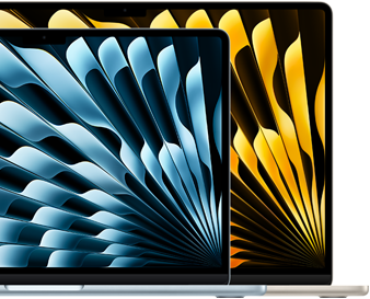 Два лаптопа MacBook Air, показващи относителните размери на екраните: 13,6 инча и 15,3 инча, измерени по диагонал