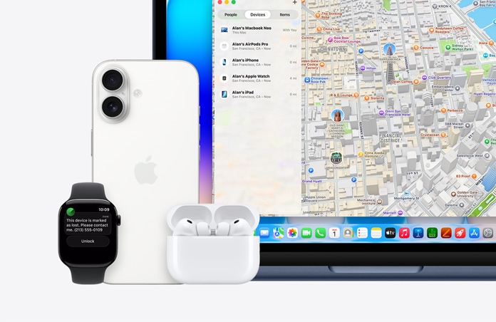Apple Watch, текст на екрана гласи „Това устройство е маркирано като изгубено, свържете се с мен“ с телефонен номер, до iPhone, AirPods Pro и MacBook Neo, цвят индиго, екранът показва приложението Find My с карта и списък с устройства с техните местоположения.