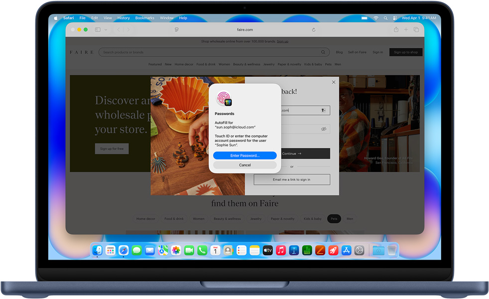 MacBook Neo, цвят индиго, Safari, подканващ потребителя да влезе с Touch ID или парола в уебсайта, озаглавен „Community Care Clinic“