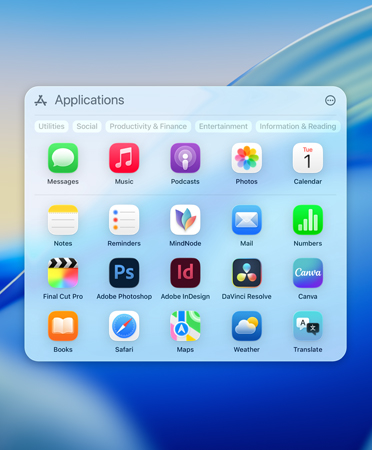 Menu de navegação do Spotlight mostrando os apps em categorias: Sugestões, Produtividade, Criatividade, Informações e Leitura.