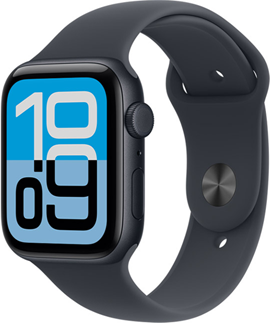 Apple Watch SE 3, aluminum case, midnight colour, Flux watch face, right side exterior, Digital Crown, microphone, side button, midnight Sport Band, silver pin-and-tuck closure