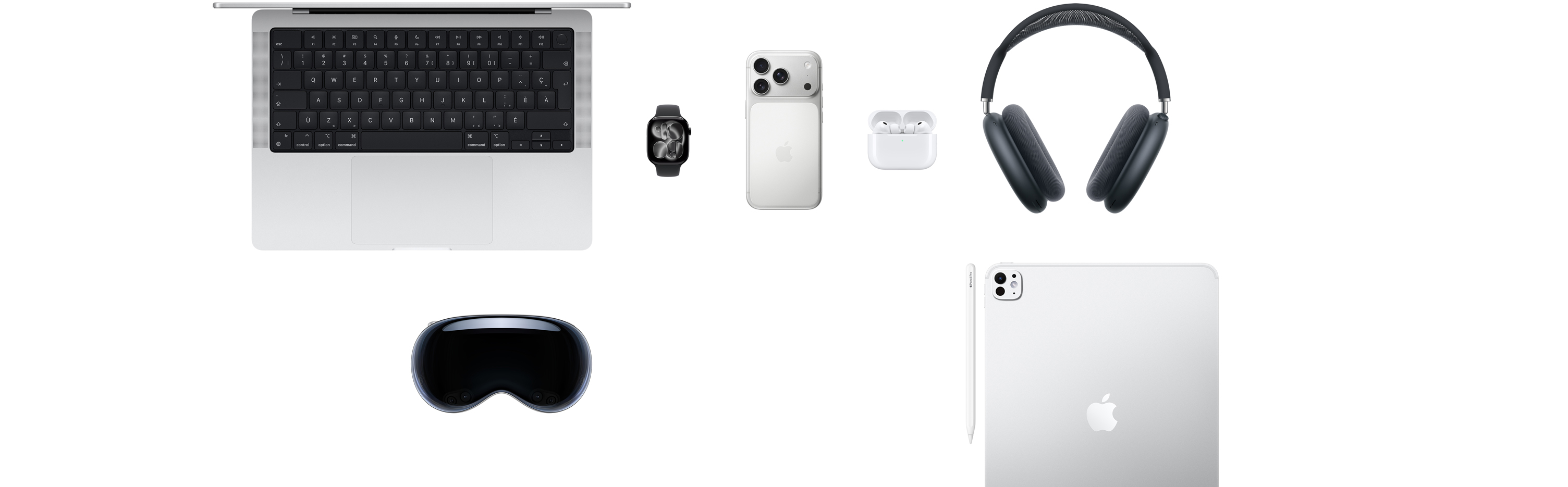 Plusieurs produits Apple, dont un MacBook, une Apple Watch Series 11, un iPhone 17 Pro, des AirPods Pro 3, des AirPods Max, un Apple Vision Pro, un Apple Pencil Pro et un iPad Pro