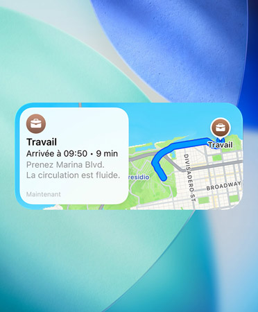 Widget Plans montrant le nouveau planificateur de chemins préférés, avec des renseignements sur la circulation, l’heure d’arrivée et la durée du trajet