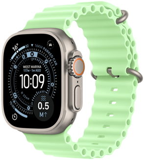 Apple Watch Ultra 3, přírodní barva, titanové pouzdro, ciferník Orientační běh, na pravém boku korunka Digital Crown, mikrofon, boční tlačítko, Oceánský řemínek, neonově zelená barva