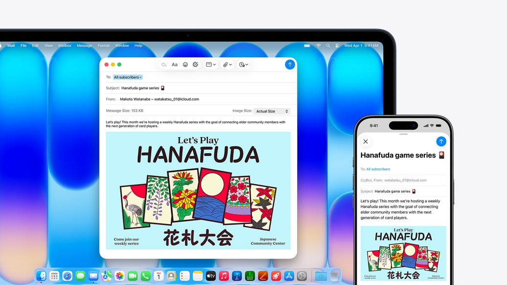 MacBook Neo v barvě indigo vedle iPhonu, na obou zařízeních je tentýž e‑mail s oznámením události v komunitním centru