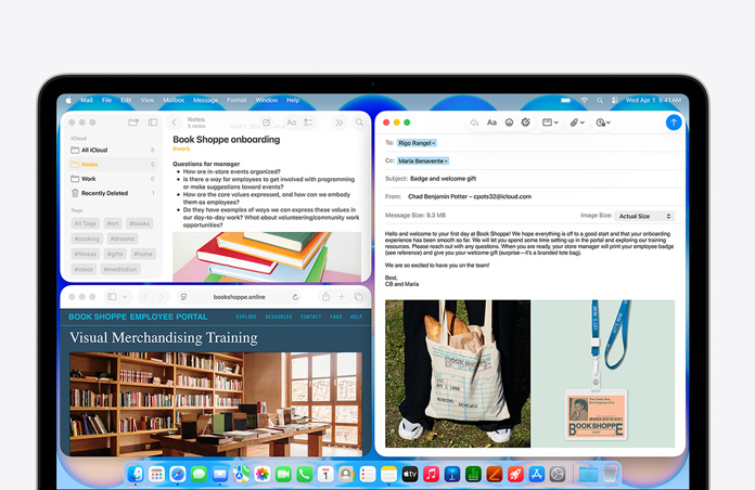MacBook Neo v barvě indigo, rozepsaný uvítací e‑mail pro nového zaměstnance knihkupectví, ostatní okna uspořádaná do dlaždic zobrazují dokument o náboru v Poznámkách a zaměstnanecký webový portál knihkupectví v Safari
