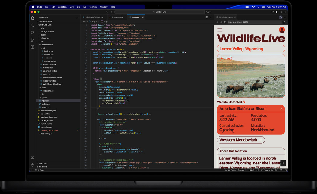 Na obrazovce MacBooku Pro je znázorněný kód aplikace ve Visual Studiu Code