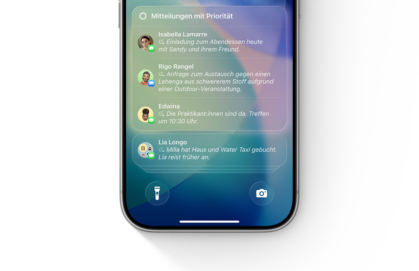 Das iPhone mit dem aktivierten Fokus für Mitteilungen reduzieren zeigt eine Mitteilung, die als „Möglicherweise wichtig“ markiert wurde.