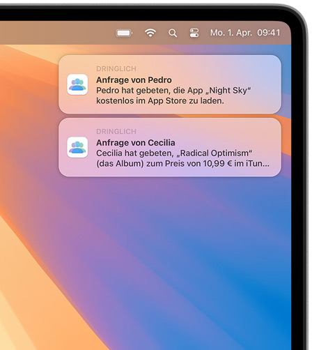Zwei macOS Mitteilungen in der oberen rechten Ecke eines Mac Bildschirms, jeweils mit Kaufanfragen, die erste für Night Sky aus dem App Store, die zweite für das Album MUNA aus dem iTunes Store