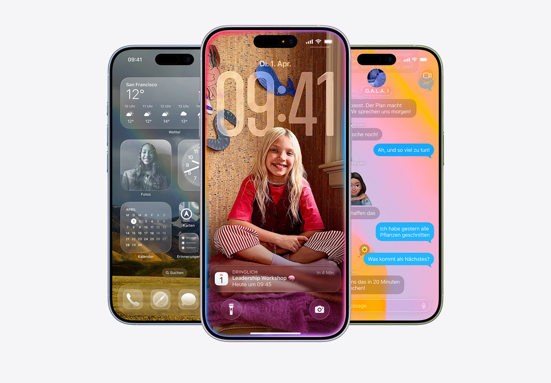 iPhone 17 Geräte, Vorderseite, Farben: Nebelblau, Lavendel, Salbei, iOS 26 Features – Homescreen mit verschiedenen Apps, Kalender Fenster auf personalisiertem Sperrbildschirm, iPhone Display mit Nachrichten im Liquid Glass Design