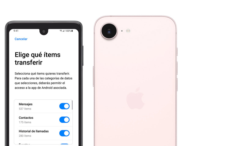Dispositivos uno al lado del otro, teléfono Android con la app Pasar a iOS, iPhone 17e, parte trasera, color rosa palo, cámara Fusion