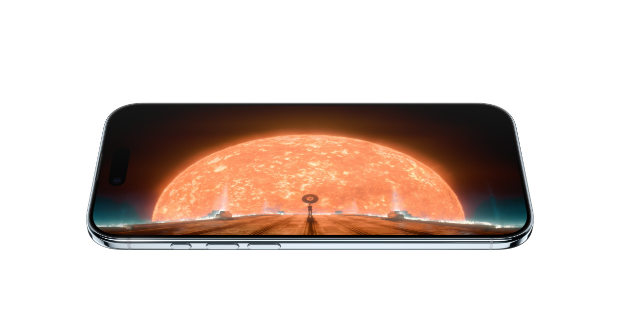 iPhone Air mostrato di fronte e di lato, con un fermo immagine della serie Fondazione su Apple TV Plus