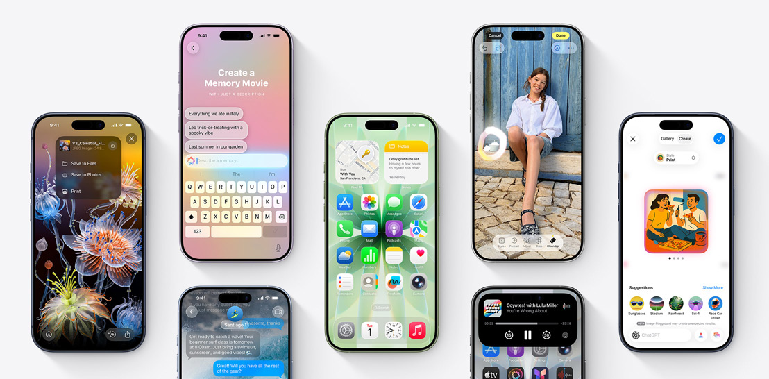 En række iPhone 17- og 17 Pro-enheder med forskellige skærmbilleder, der viser iOS 26 og Apple Intelligence-funktioner