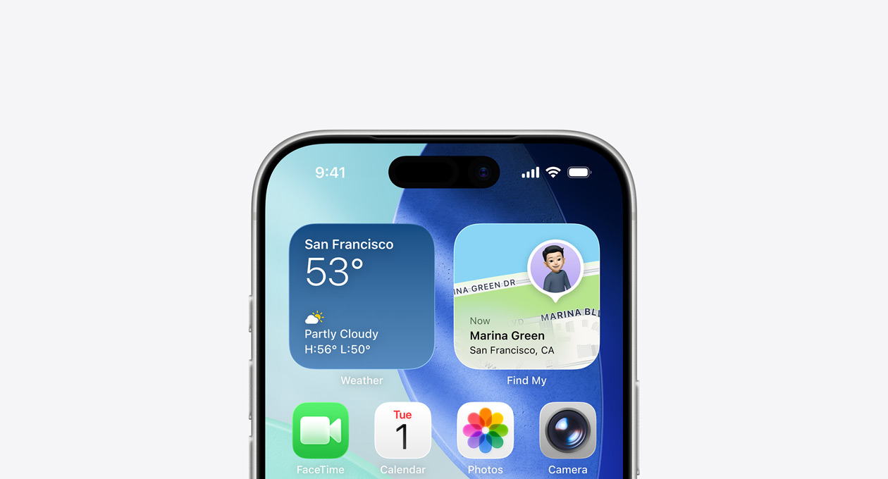 En iPhone der øverste delen av skjermen viser Hjem-skjermen med widgetene Vær og Hvor er i den øverste raden.