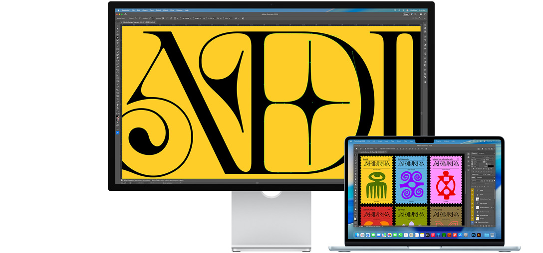 Un Studio Display y un Mac portátil que muestran un proyecto en el que se está trabajando en varios programas de Adobe, en el Studio Display se muestra un primer plano de un texto en negro sobre un fondo amarillo intenso, la película antirreflectante ayuda a reducir los reflejos