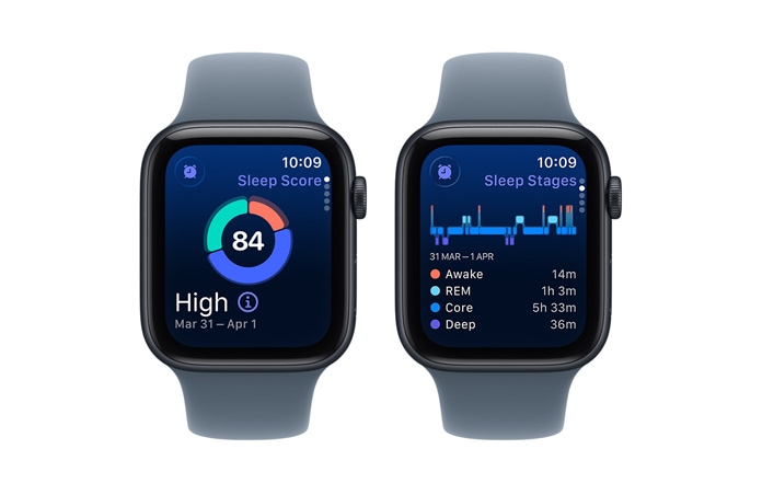 Apple Watch SE 3, ποιότητα ύπνου, κυκλικό γράφημα και αριθμός βαθμολογίας, στάδια ύπνου αναλύουν τα στάδια εγρήγορσης, τα στάδια REM και τα στάδια βασικού και βαθύ ύπνου