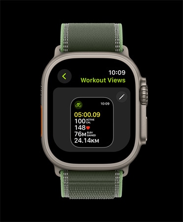 Apple Watch Ultra 3, κάσα από τιτάνιο, φυσικό χρώμα, οθόνη επεξεργασίας προβολών προπόνησης, λουράκι Trail Loop, πράσινο/νέον χρώμα