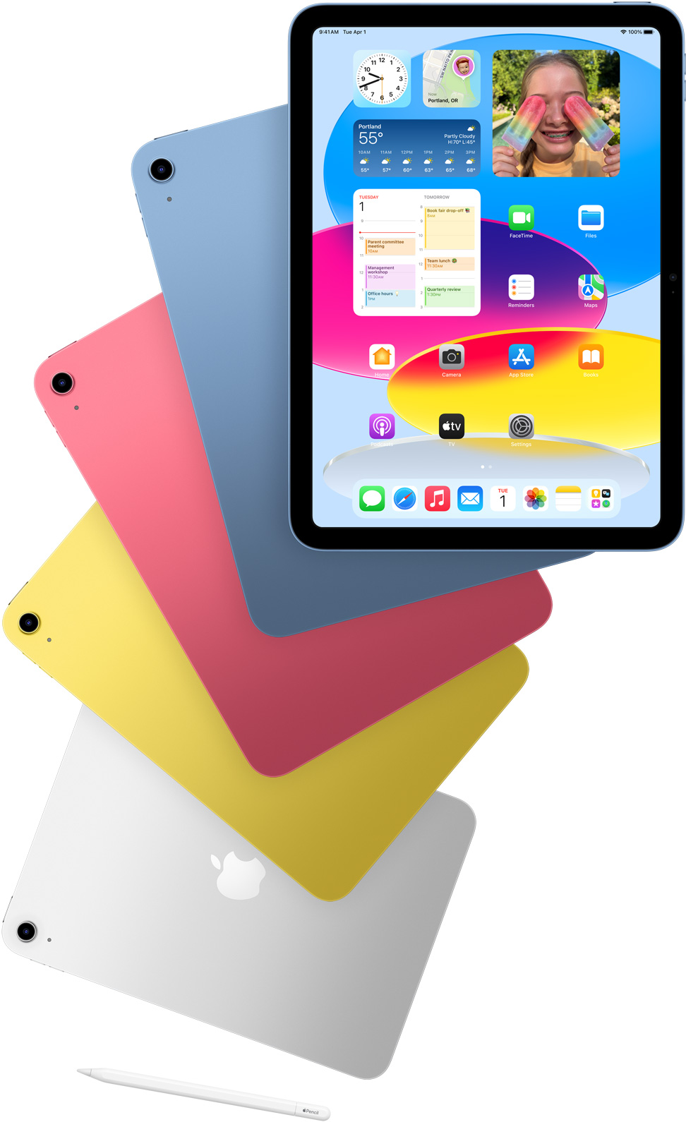 Μπροστινή όψη ενός iPad με την οθόνη Αφετηρίας και άλλα iPad πίσω του με πλάτη σε Μπλε, Ροζ, Κίτρινο και Ασημί χρώμα. Ένα Apple Pencil δίπλα σε τακτοποιημένα μοντέλα iPad.