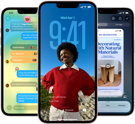 Τρεις συσκευές iPhone 17e, δείχνουν το app Μηνύματα με τη σχεδίαση Liquid Glass, δυναμική οθόνη κλειδώματος και την οπτική νοημοσύνη να χρησιμοποιούνται
