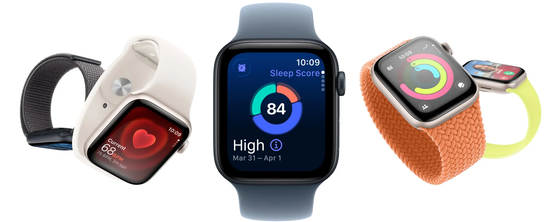 Apple Watch SE 3，採用星光色及午夜暗色鋁金屬錶殼，螢幕分別顯示維生指數 app、心率 app、睡眠分數、健身記錄圓圈、來電畫面