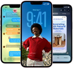Tri uređaja iPhone 17e, prikazana je aplikacija Poruke s dizajnom Liquid Glass
, dinamični Zaključani zaslon i Vizualna inteligencija u upotrebi