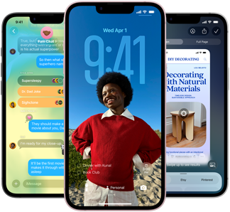 Trys „iPhone 17e“ telefonai, kuriuose matoma programa „Žinutės“ ir „Liquid Glass“ dizainas, dinaminis užrakintas ekranas ir naudojama funkcija „Visual Intelligence“