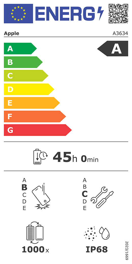 ES energomarķējuma QR kods un informācija, Apple modelis A3634, A klase, energoefektivitātes klases (skalā no A līdz G), no A (visefektīvākā) līdz G (visneefektīvākā), akumulatora izturība vienā ciklā, 45 stundas un 0 minūtes ar pilnībā uzlādētu akumulatoru, vairākkārtējas kritienizturības klase: B, no A (visizturīgākā) līdz E (visneizturīgākā), remontējamības klase: C, no A (visremontējamākā) līdz E (visneremontējamakā), akumulatora cikliskā izturība: 1000, korpusa aizsargātības pret putekļiem un ūdeni pakāpe (IP) IP68, Regula 2023/1669