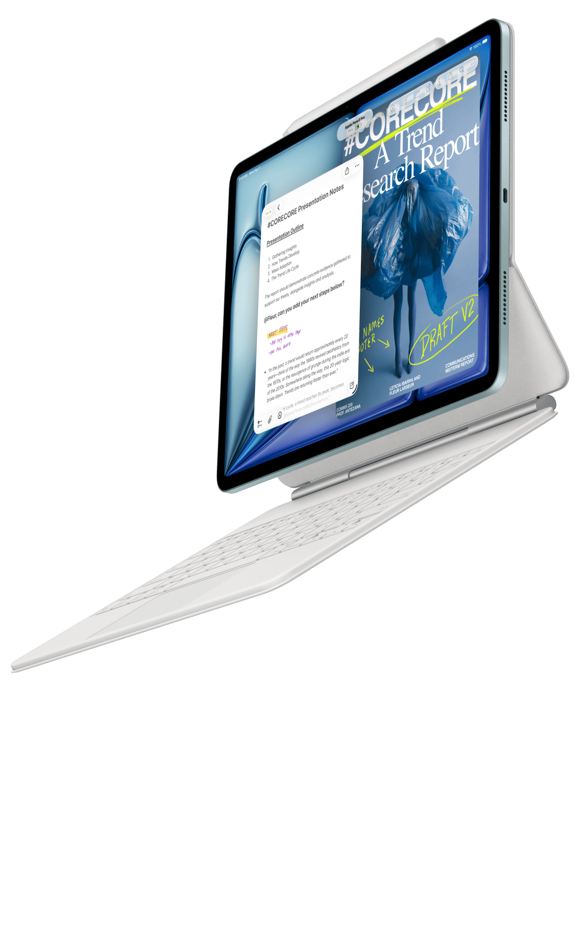 iPad Air ir savienots ar iPad Air Magic Keyboard un Apple Pencil Pro