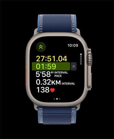 Apple Watch Ultra 3, natural color, titanium case, advanced Outdoor Run workout metrics, band, Trail Loop, blue/bright blue color
