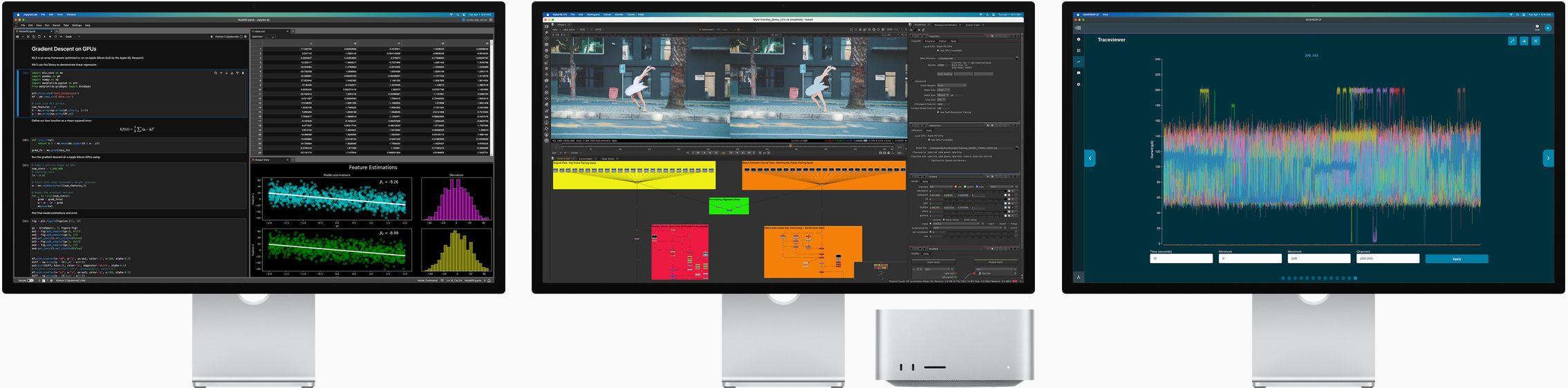 Mac Studio 和三部 Studio Display，三個螢幕上顯示不同的 macOS app