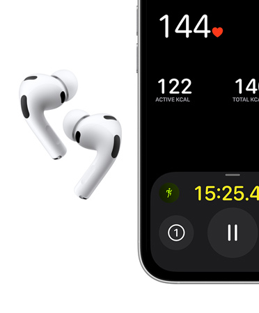 AirPods Pro 3 w kolorze białym, wkładki douszne, silikonowe końcówki i mikrofon, na iPhonie widać trening Bieg (plener)