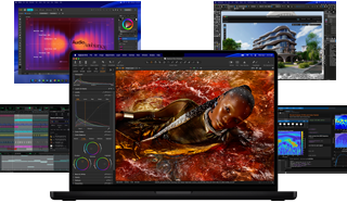 O varietate de conținut colorat pe ecran, de la producție muzicală, design grafic, animație 3D și aplicații de editare foto pe Mac, demonstrând o performanță grafică de top