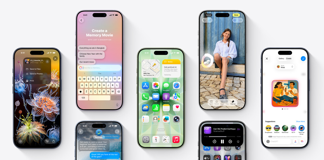 An array of iPhone 17 and iPhone 17 Pro devices each with a different screen showcasing iOS 26 and Apple Intelligence features