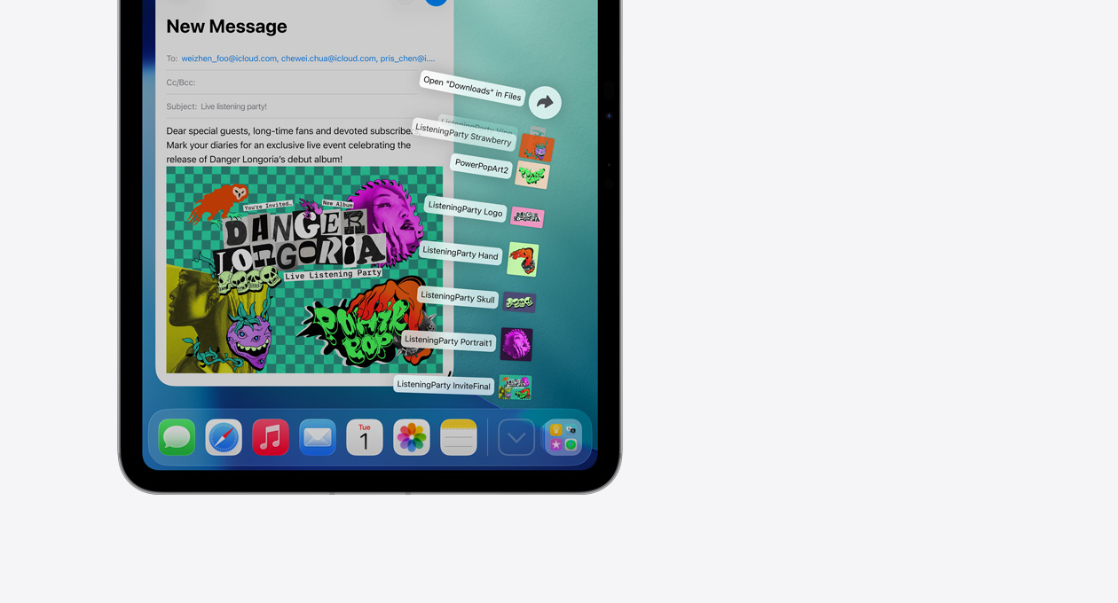 Close-up of Apple device Dock app at bottom with a series of files fanning out vertically