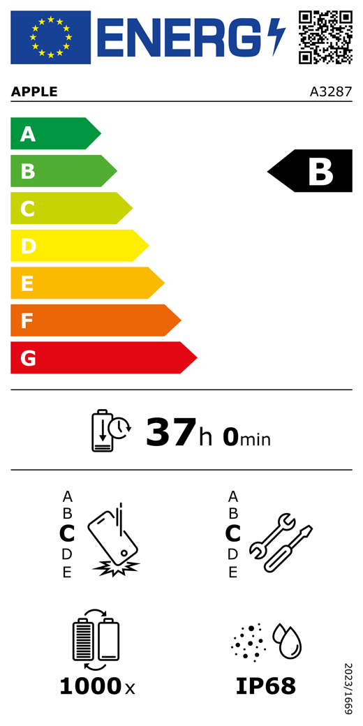 EU Energy Label QR code and information, Apple model A3287, class B, energy efficiency classes (with a scale from A to G), A (most efficient) to G (least efficient), battery endurance per cycle, 37 hours and 0 minutes per full battery charge, repeated free fall reliability class C, A (most robust) to E (least robust), repairability class C, A (most repairable) to E (least repairable), 1000 battery endurance in cycles, dust and water ingress protection (IP) rating IP68, regulation 2023/1669