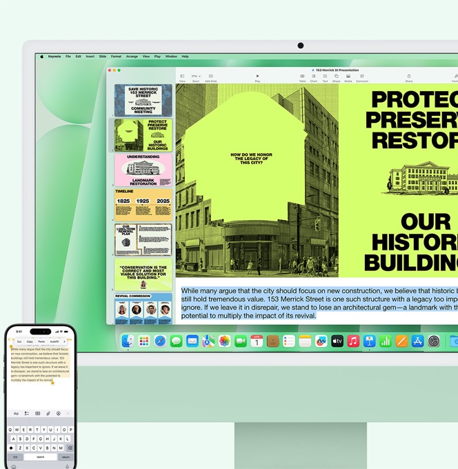 Zelený iMac a iPhone vedľa seba. Text z apky Poznámky na iPhone sa kopíruje a vkladá do iMacu