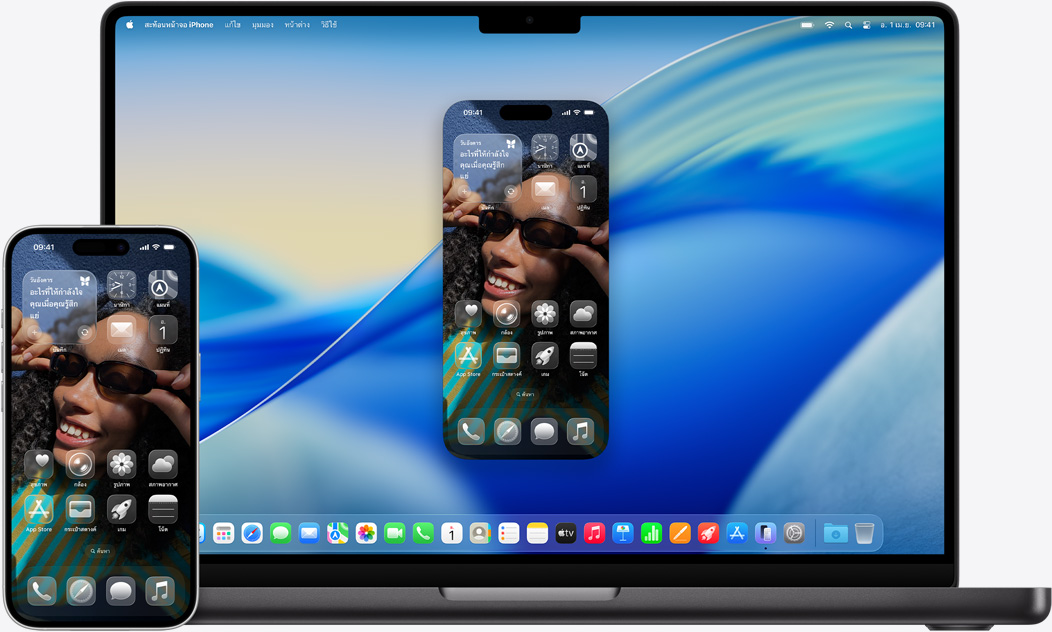 iPhone และ MacBook วางคู่กันแสดงผลการสะท้อนหน้าจอบน MacBook วิดเจ็ตปฏิทินและโน้ตอยู่ใกล้กับด้านบนของหน้าจอ, แอปอยู่ใกล้กับด้านล่าง