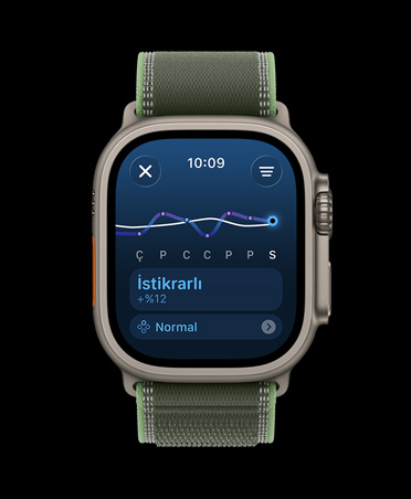 Apple Watch Ultra 3, natürel renk, titanyum kasa, antrenman yükü çizgi grafiği ve takvim, kordon, Trail Loop, yeşil/neon yeşil renk