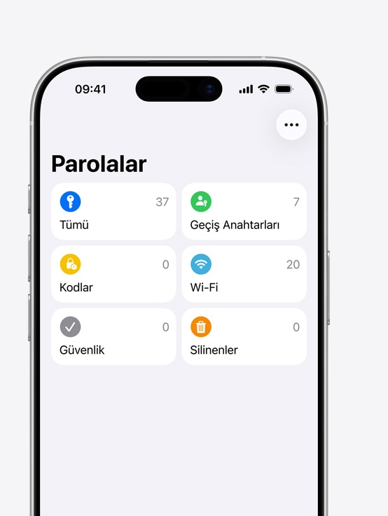 iPhone ekranında Tümü, Geçiş Anahtarları, Kodlar, Wi-Fi, Güvenlik ve Silinenler seçenekleriyle Parolalar menüsü gösteriliyor