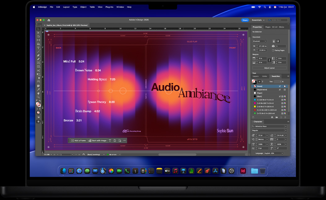 MacBook Pro ekranında bir plak kapağını tasarlamak için kullanılan Adobe InDesign gösteriliyor
