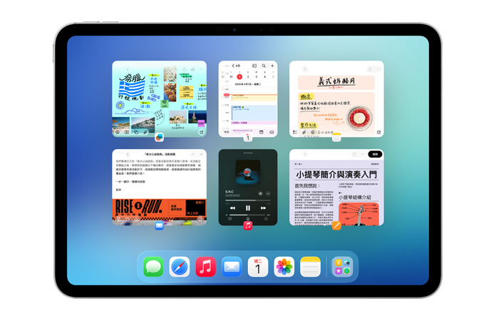 橫向放置的 iPad，螢幕上有六個打開的視窗排成兩行，包括行事曆 app、備忘錄 app、Apple Music 和 Safari