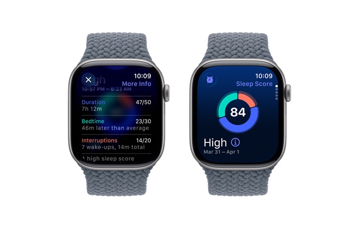 Apple Watch Series 11, алюмінієвий корпус космічного сірого кольору, відображається оцінка якості сну, з правого боку на годиннику розташовано коронку Digital Crown, плетений монобраслет сталевого синього кольору