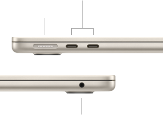 Закритий MacBook Air, вигляд зліва, показано порт MagSafe і два порти Thunderbolt, вигляд справа, показано порт для навушників