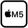 Square graphic with rounded corners, inside is an Apple logo beside text that reads: M5