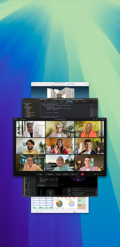 Diverses apps ouvertes dans des fenêtres qui se superposent. L’app au premier plan est un appel Webex auquel plusieurs personnes participent.
