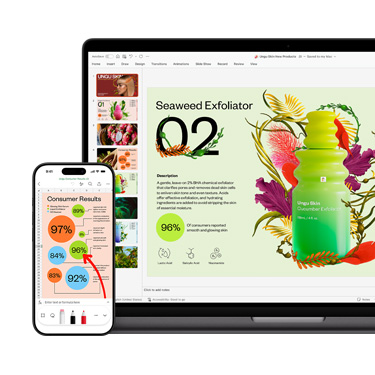 Front view of an Mac and an iPhone displaying different sections of the same vibrant and colourful presentation focused on a skincare product.